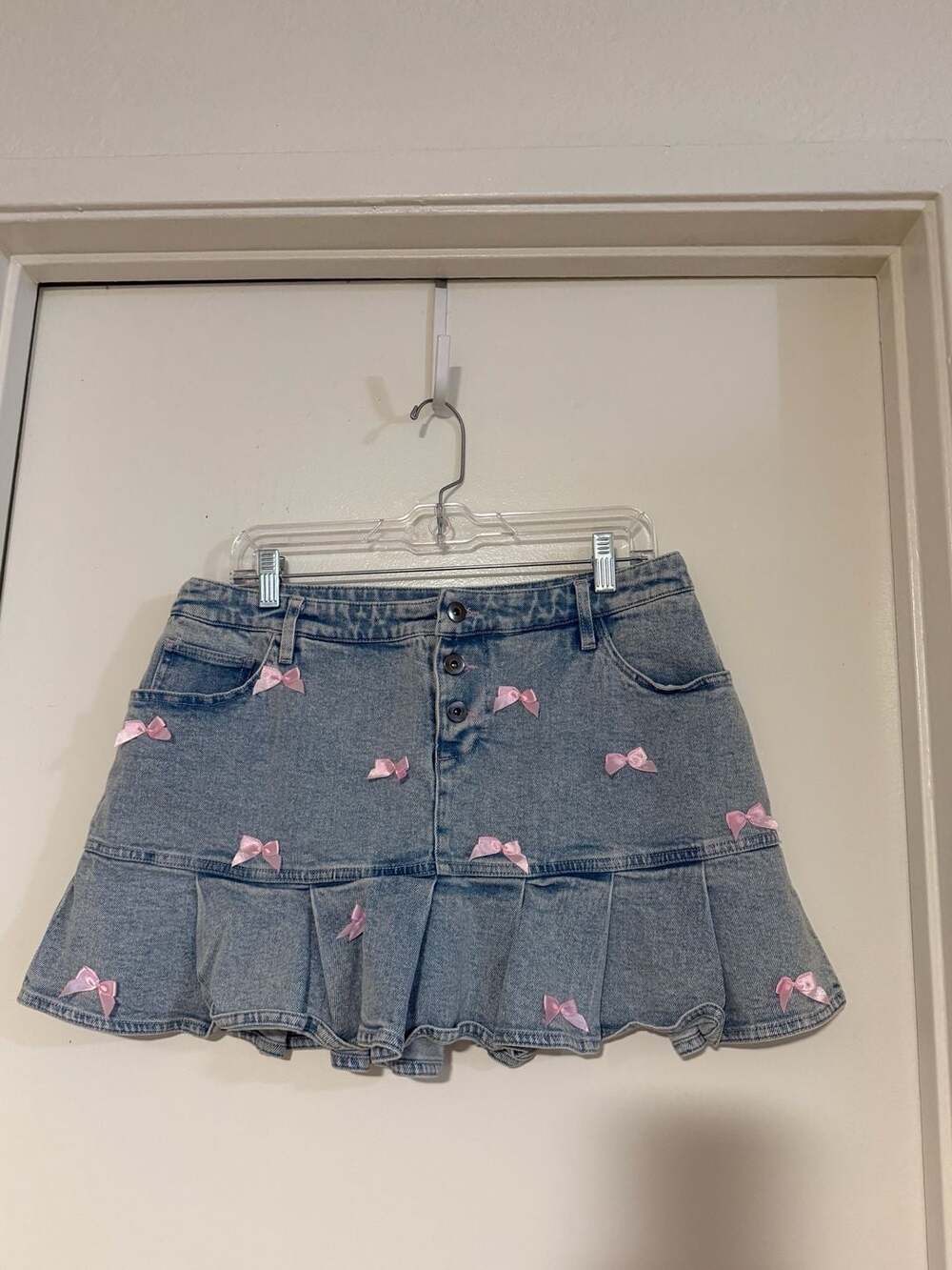 Sweet Society Denim Mini Skirt with Pink Bows Size Large